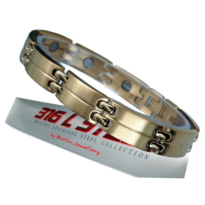 Bratara barbati, Boston Jewellery, din otel inoxidabil 316L, placata cu aur de 18K, 21,5x1,1x0,3cm, magnetica