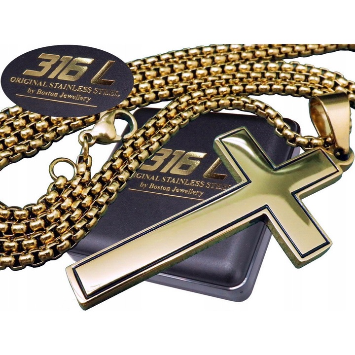 Set bijuterie barbati, Boston Jewellery, cruce aurita, lant din inox chirurgical 316L, 60cm, 2,5mm