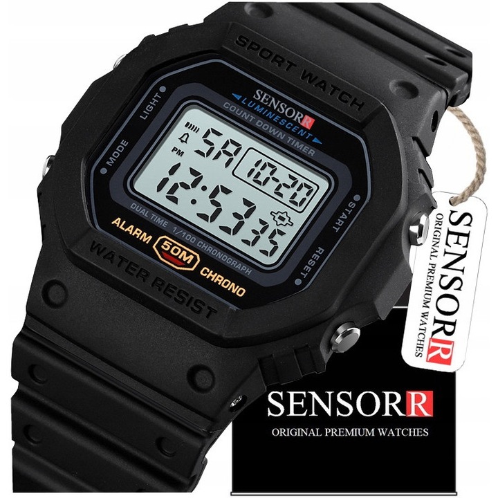 Ceas sportiv barbati Sensorr SHOCK WATCH, rezistent la socuri, rezistent la apa, display LED, negru