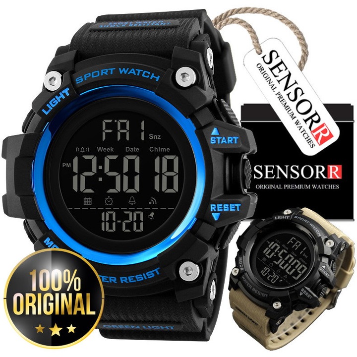 Ceas barbatesc Skmei, electronic, cu display digital, iluminare, waterproof 50m, 54x55x18mm, curea 21mm, lungime 25,5cm