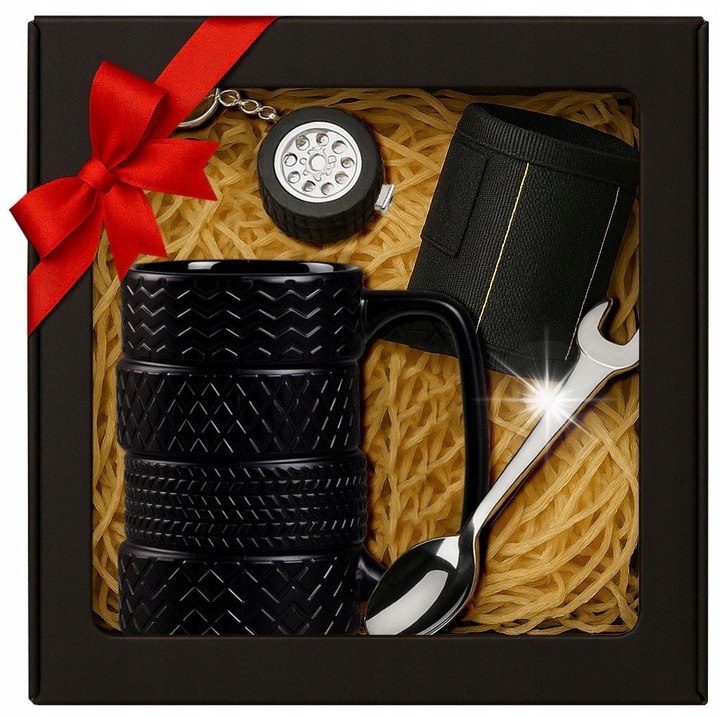 Подаръчен комплект за мъже, Atlango, чаша с форма на колело, ключодържател, лъжичка с капачка за ключ, магнитна гривна, 450 мл