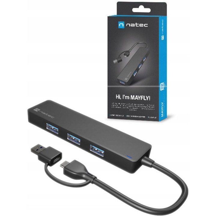 Natec Mayfly USB hub/portreplikátor, 4 db USB 3.0 port, USB-A adapter mellékelve, 5 Gb/s átvitel, fekete, 1 db