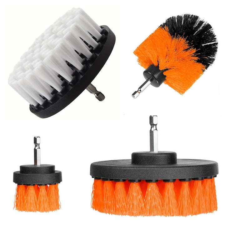 Set 4 perii curatare, contine 3 perii portocalii duritate medie si o perie alba moale cu adaptor bormasina autofiletanta