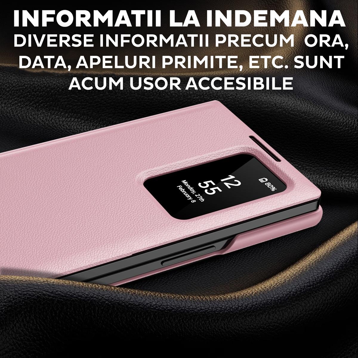Husa pentru Samsung Galaxy Z Fold 6 FlipSmart DaDen®, Functie Smart View, Suport carduri, Calitate Premium, Piele ecologica, Roz