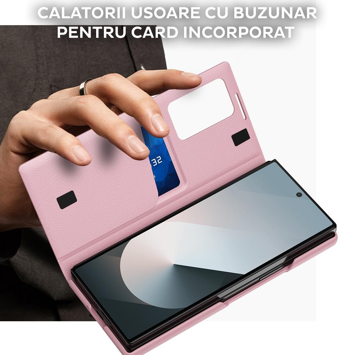 Husa pentru Samsung Galaxy Z Fold 6 FlipSmart DaDen®, Functie Smart View, Suport carduri, Calitate Premium, Piele ecologica, Roz
