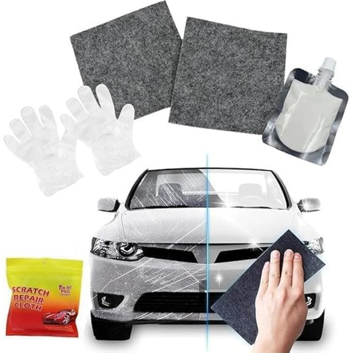 Kit profesional pentru repararea zgarieturilor auto, solutie universala pentru masina, 50ml + lavete si manusi incluse, rezistent la intemperii
