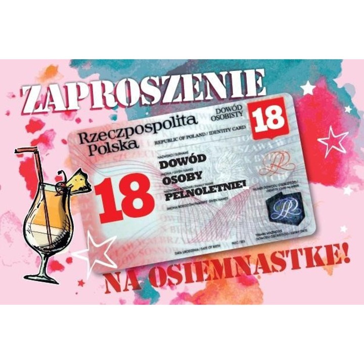 Invitatii de ziua de nastere Osiemnastka ZA-101 (set 10) Armin Style, 164x116mm, folie