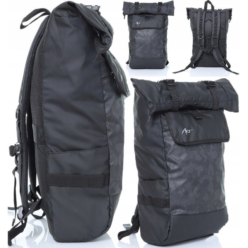Art, rucsac pentru laptop din poliester roll-top BP-8879, negru camuflaj, pentru 15.6"
