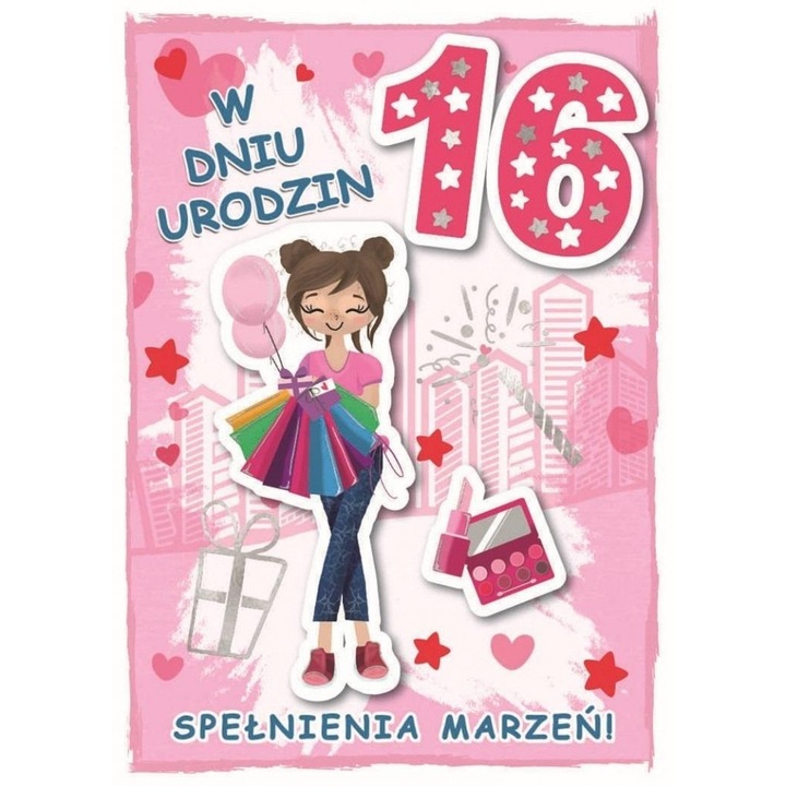Armin stílusú üdvözlőlap, Karnet urodziny 16, 200x134mm, fólia, térbeli elemekkel