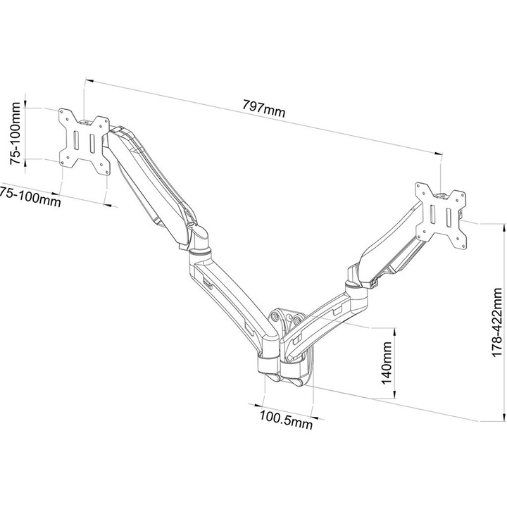 Suport perete monitor Art L-14GW, brat cu piston gazos, reglabil in inaltime si in plan +/-15°/+/-40°, Negru, pentru 2 monitoare 13-27", VESA 75x75/100x100, max 7 kg