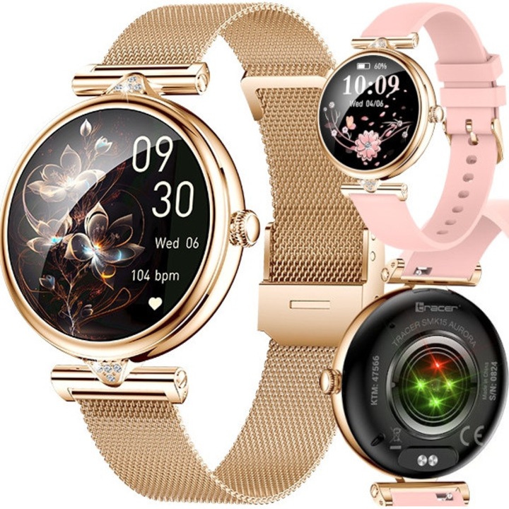 Tracer SMK15 Aurora okosóra, 2 szíj, 1,28" AMOLED kijelző, rózsaszín, IP68