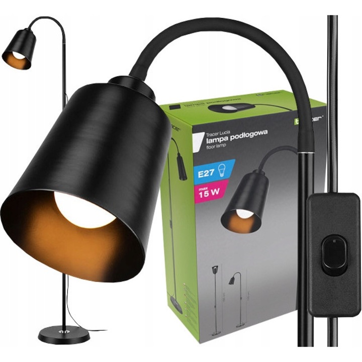 Lampa podlogowa Tracer Lucia, neagra, 160cm, E27, max. 15W, 3m cablu