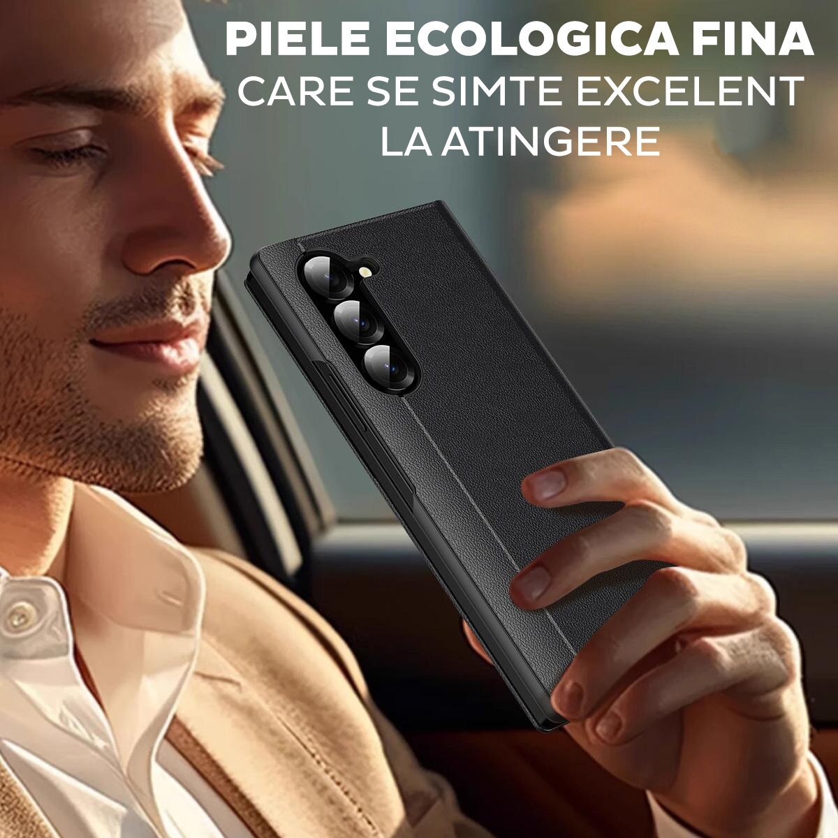 Husa pentru Samsung Galaxy Z Fold 6 FlipSmart DaDen®, Functie Smart View, Suport carduri, Calitate Premium, Piele ecologica, Negru