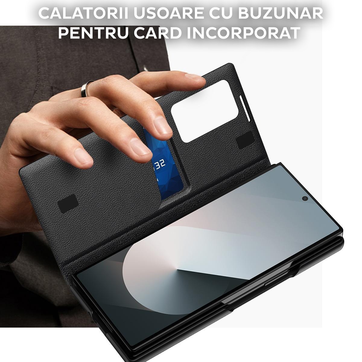 Husa pentru Samsung Galaxy Z Fold 6 FlipSmart DaDen®, Functie Smart View, Suport carduri, Calitate Premium, Piele ecologica, Negru