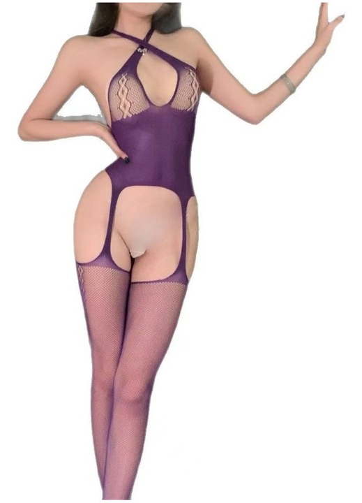 Lenjerie sexy, dantela jacquard retro, transparenta, violet, marime universala