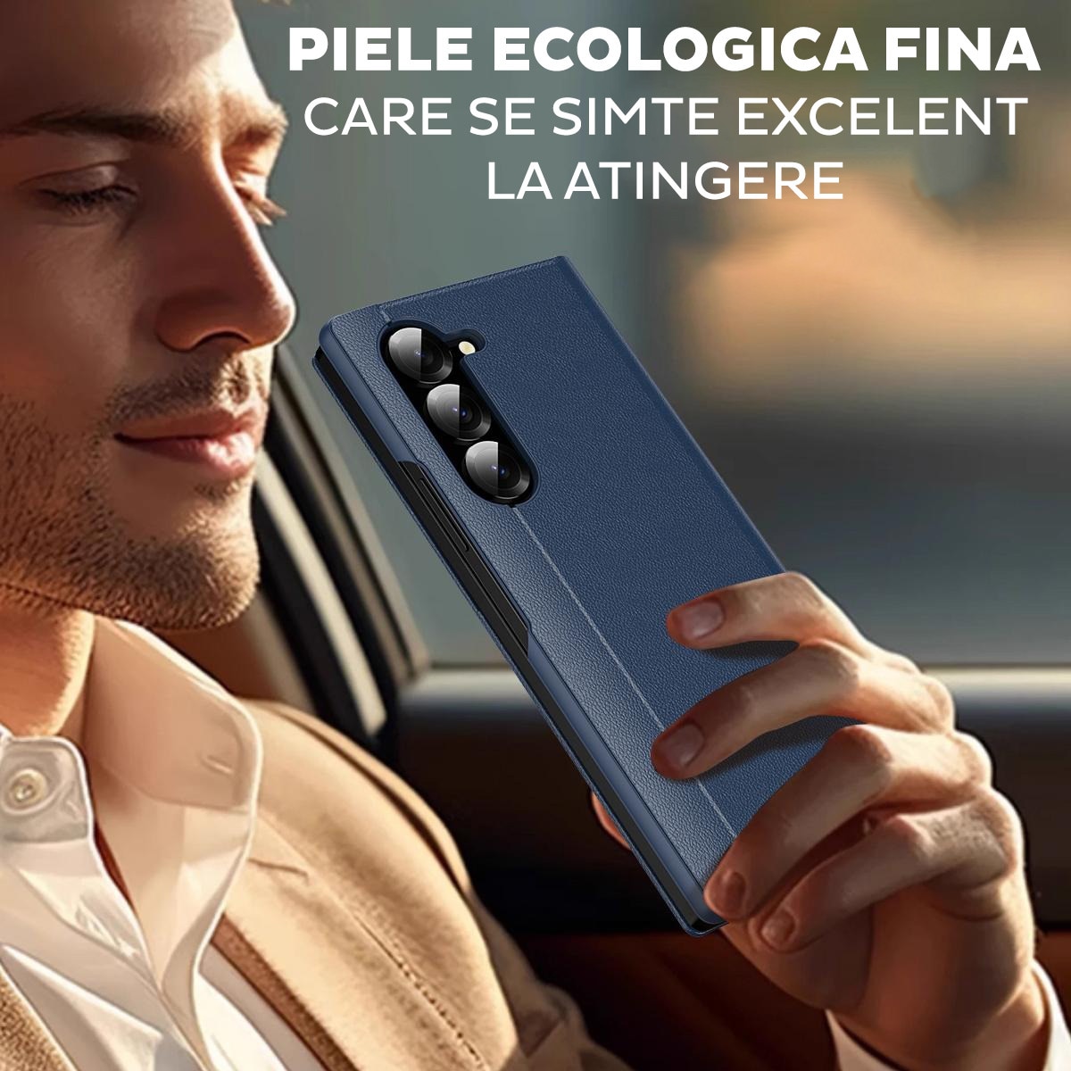 Husa pentru Samsung Galaxy Z Fold 6 FlipSmart DaDen®, Functie Smart View, Suport carduri, Calitate Premium, Piele ecologica, Albastru