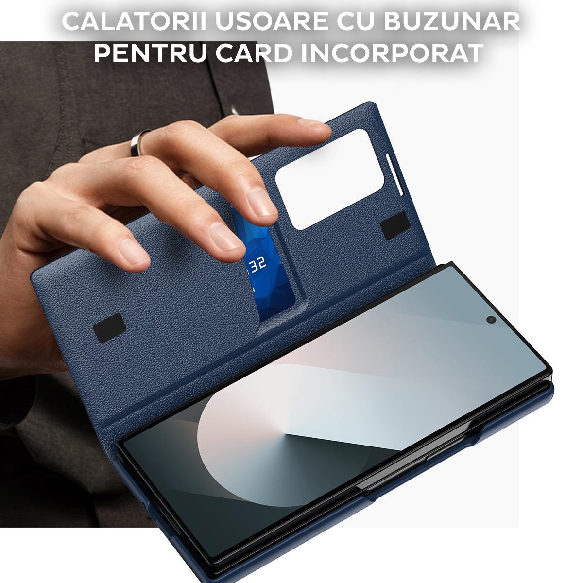 Husa pentru Samsung Galaxy Z Fold 6 FlipSmart DaDen®, Functie Smart View, Suport carduri, Calitate Premium, Piele ecologica, Albastru