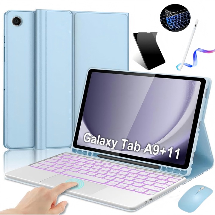 Husa cu Tastatura Touchpad pentru Samsung Galaxy Tab A9+/A11+ 11", Ugo®, Bluetooth Tastatura Detasabila cu Iluminare 7 Culori, Include Stylus Reincarcabil, Mouse, Folie Protectie Ecran, Membrana Din Silicon Pentru Tastatura, albastru des