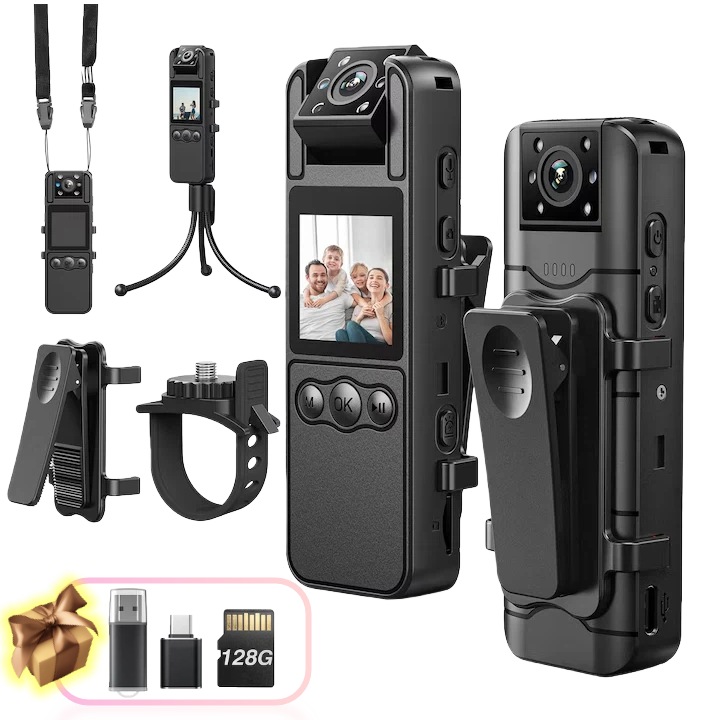 Camera Video Corporala 4K UHD, Conectare WiFi, Body Cam Sport, Set complet accesorii + Card memorie 128GB, Rezolutie Video 3840*2160, Rotire 180º, Dispaly 1.3 Inch, Audio Bidirectional, Night Vision, Senzor De Detectie, Alarma, Ugo®, Negru