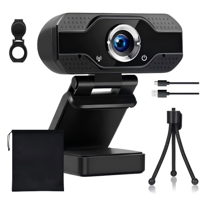 Ugo® Уеб камера с автофокус, 2MP Full HD 1080P, plug & play, USB2.0, микрофон с редукция на шума, защита на поверителността, със статив, капак, калъф против прах, за конференции, онлайн курсове, медия, черен