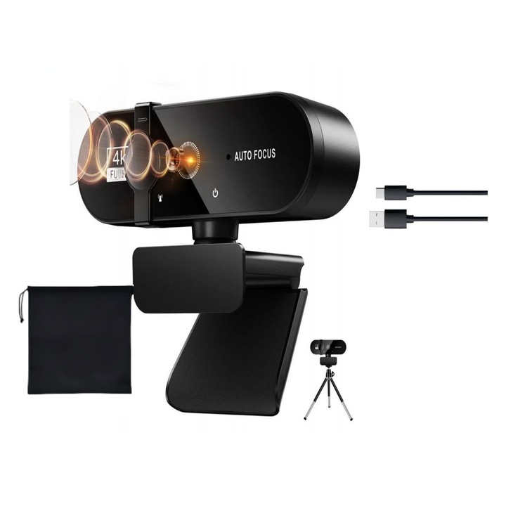 Уеб камера Ugo, 4K Ultra HD с автофокус, 4 милиона пиксела, plug and play, без драйвери, въртене на 360°, USB2.0 кабел за данни, вграден микрофон, функция за защита на личния живот, включва статив, капак за поверителност и торбичка против прах