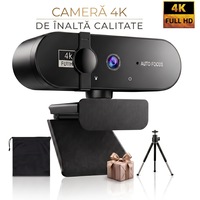 Camera web 4K Full HD, 3840 x 2160@30fps, auto-focus, Microfon reducere zgomot cu capac protectie, pentru videoconferinte si cursuri online, Compatibila cu laptopuri si calculatoare desktop, Ugo®, Cu trepied extensibil si husa, neagra