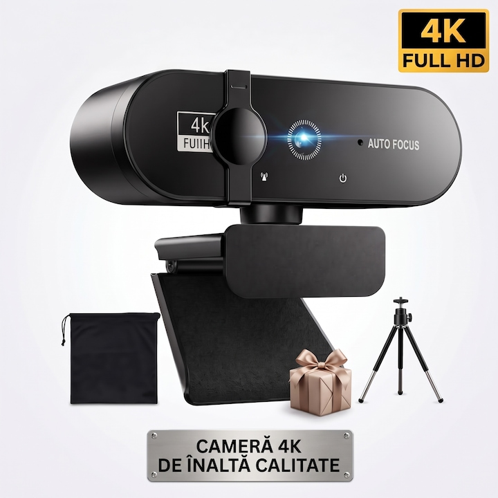 Camera web 4K Full HD, 3840 x 2160@30fps, auto-focus, Microfon reducere zgomot cu capac protecție, pentru videoconferințe și cursuri online, Compatibilă cu laptopuri și calculatoare desktop, Ugo®, Cu trepied extensibil și husa, neagră