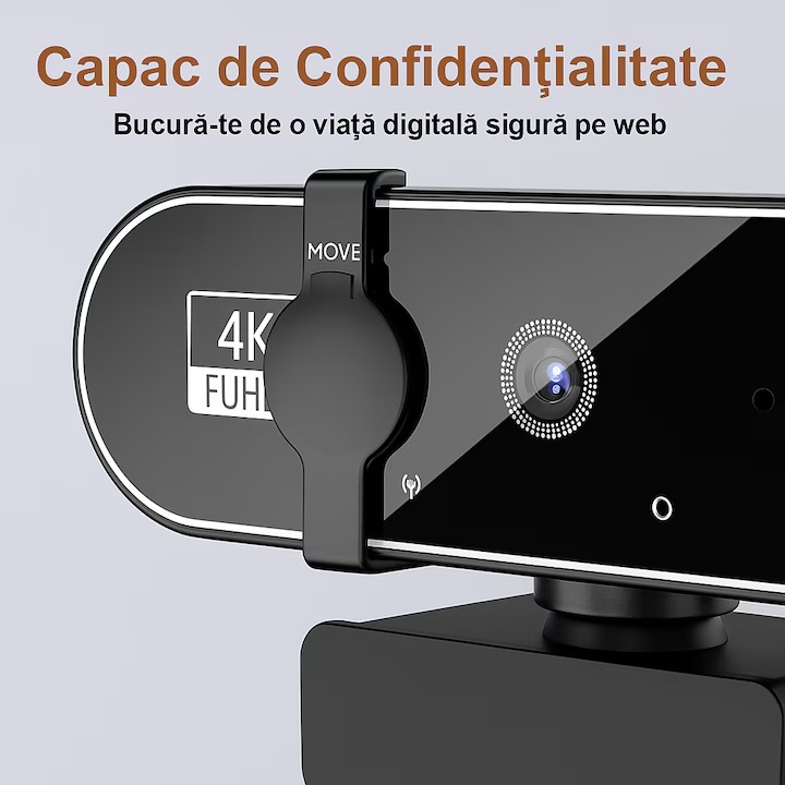 Уеб камера Ugo, 4K Ultra HD с автофокус, 4 милиона пиксела, plug and play, без драйвери, въртене на 360°, USB2.0 кабел за данни, вграден микрофон, функция за защита на личния живот, включва статив, капак за поверителност и торбичка против прах