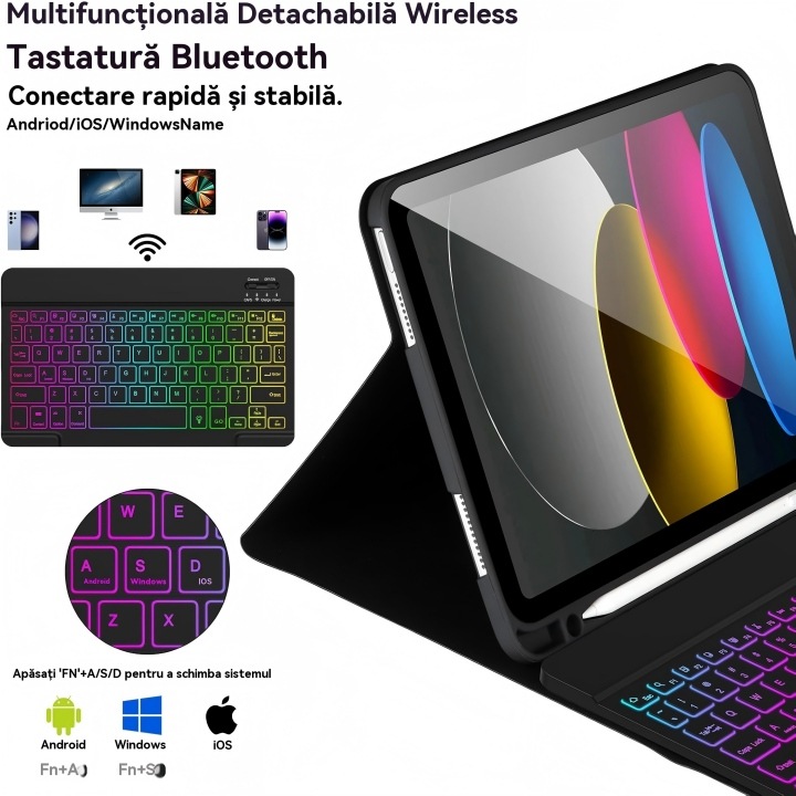 Защитен калъф за iPad 10/11-то поколение (A16) 2025, AZFAMZOP™, с подвижна Bluetooth клавиатура със 7 цвята подсветка, протектор за екран от закалено стъкло, тъч писалка, безжична мишка, силиконова защита за клавиатура, черен