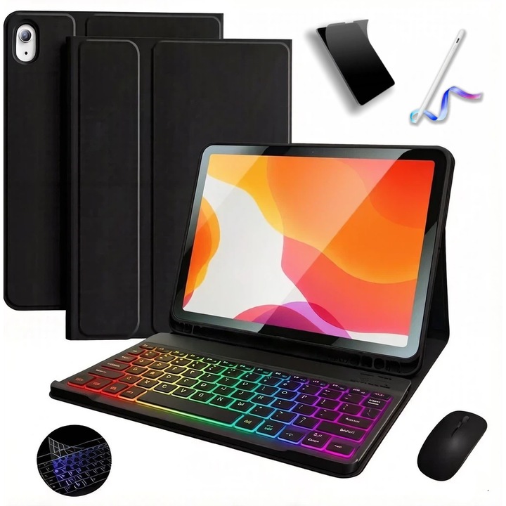 Ugo Защитен калъф за iPad 10/11-то поколение (A16) 2025, с подвижна Bluetooth клавиатура, 7 цвята подсветка, протектор за екран, капацитивен стилус, мишка, силиконова защита за клавиатура, тънък, черен