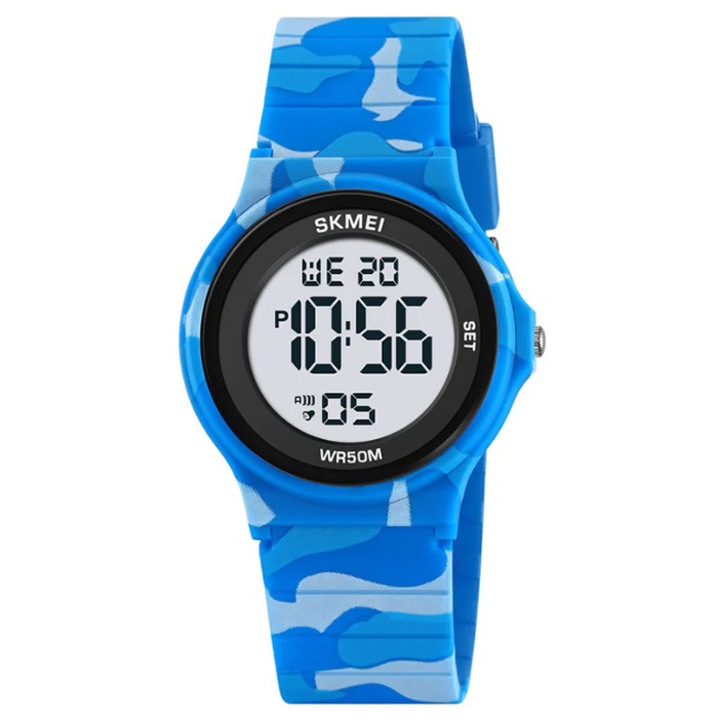 Ceas sportiv pentru copii, Skmei, electronic, cu stoper si alarma, multicolor, 35x38x10mm, lungime bratara 22cm