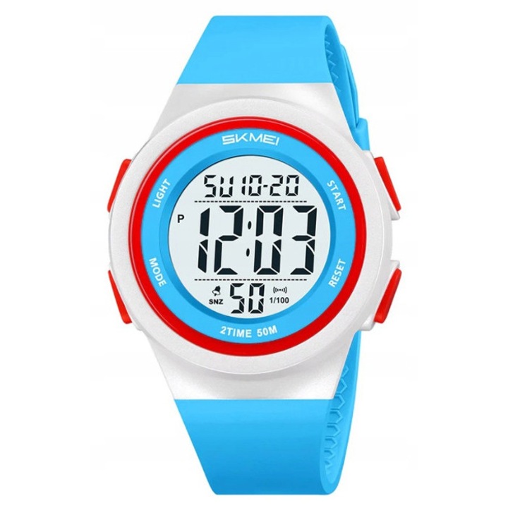 Ceas sportiv pentru copii, Skmei, electronic, cu stoper si alarma, multicolor, 43x47x13mm, lungime bratara 24,5cm