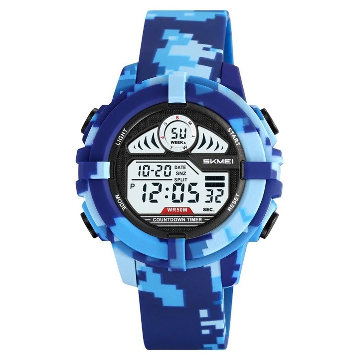 Ceas barbatesc Skmei, electronic, cu stoper si alarma, 43x48x14mm, 50m waterproof, curea din cauciuc-silikon, 25,5cm