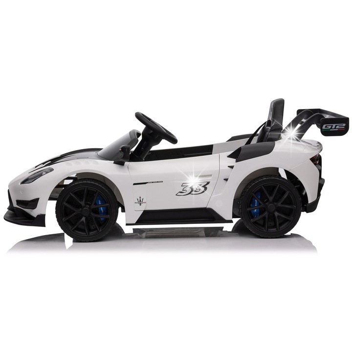 Електрическа детска количка за яздене, Maserati MC20 GT2, бяла, 2 мотора, 3 скорости, размери 115x61x46см