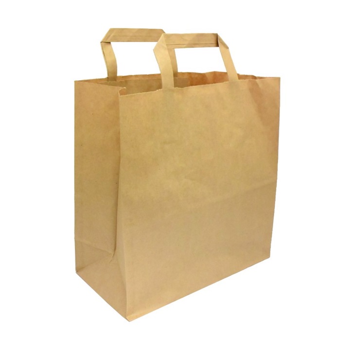 Punga de hartie cu maner plat, ODRA PAK, 26x17x33cm, set 250 bucati, culoare maro