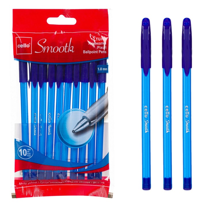 Sima golyóstoll készlet, kék test, 1,0 mm - 10 db