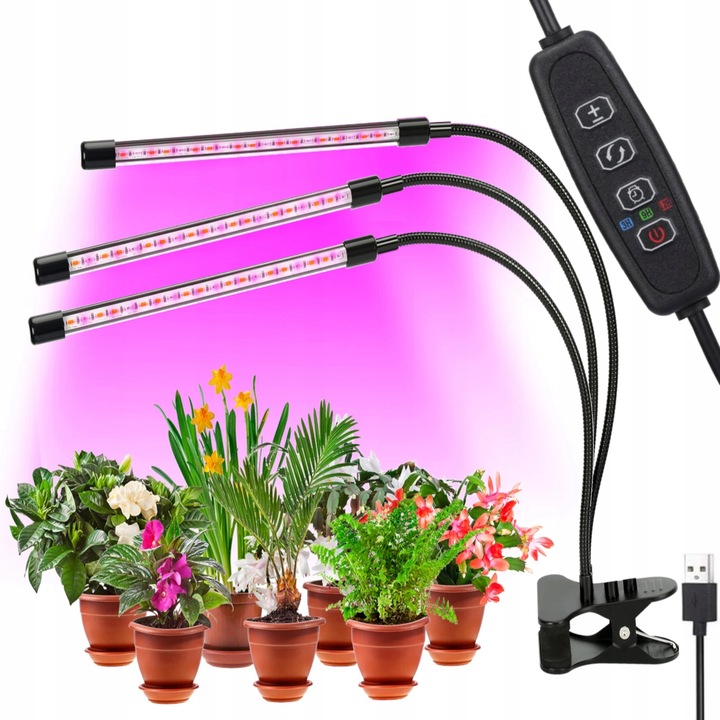 Set 3x Lampa LED pentru Cresterea Plantelor, Blow, 80 LED, 9 moduri de intensitate, USB, 360° reglabil