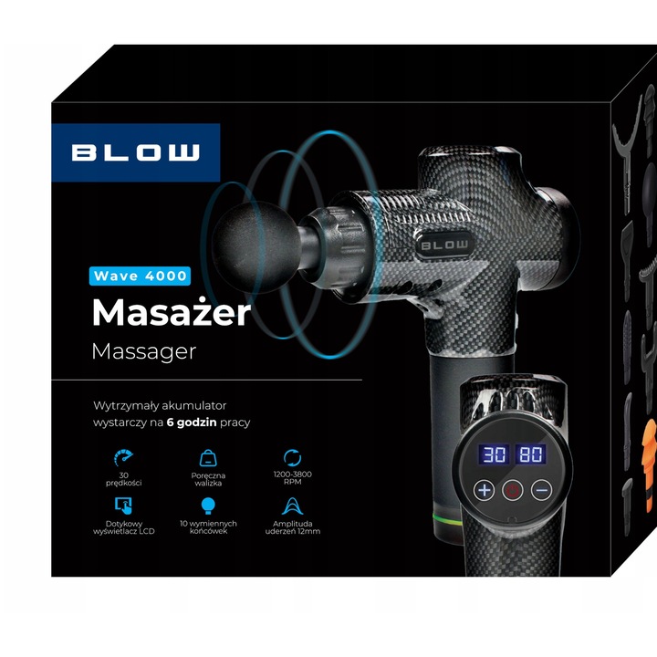 Пистолет за масаж с издухване, комплект от 10 накрайника, 30 скорости, 6-часова батерия, LCD, черен