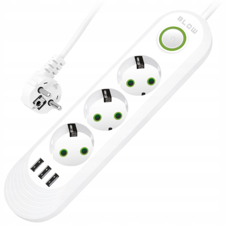 Разклонител BLOW 2м, 3 гнезда, 3x USB, бял