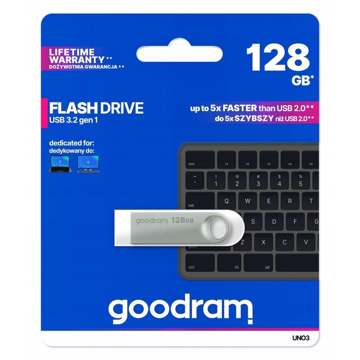 Флашка 128GB GOODRAM UNO3 USB 3.2 60MB/s, сребриста, 38x12,5mm