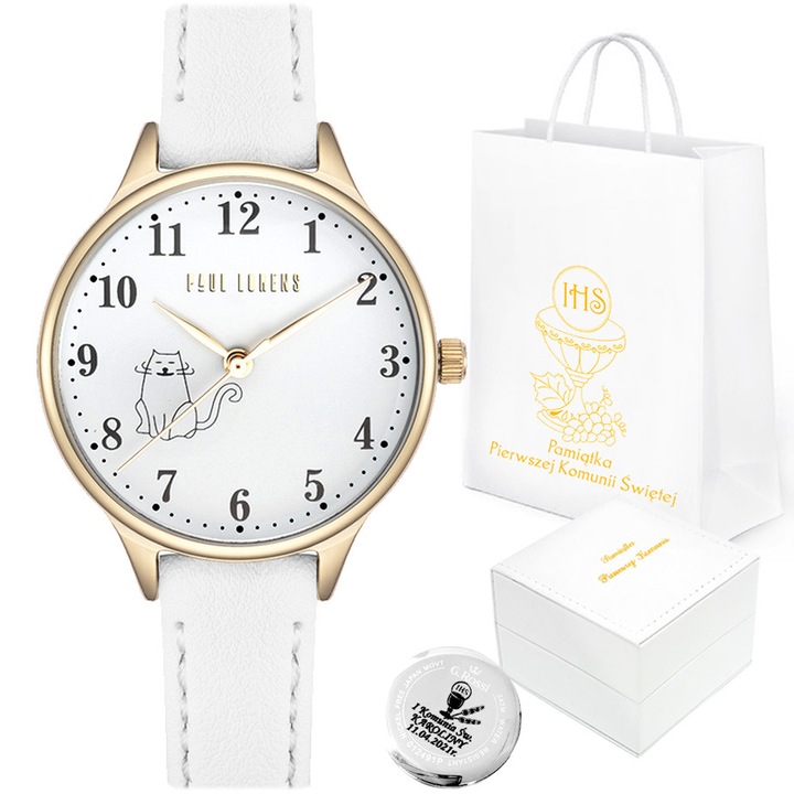 Детски часовник Paul Lorens, комплект за причастие, японски механизъм, кожена каишка, бял/златист, 37x30мм
