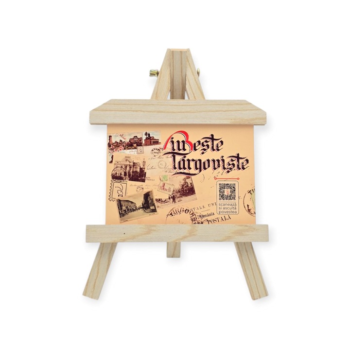 Sevalet cadou suvenir Iubeste Targoviste (model colectia 4), grafica originala, QR cu poveste audio integrat, metal/lemn, 20x30 cm