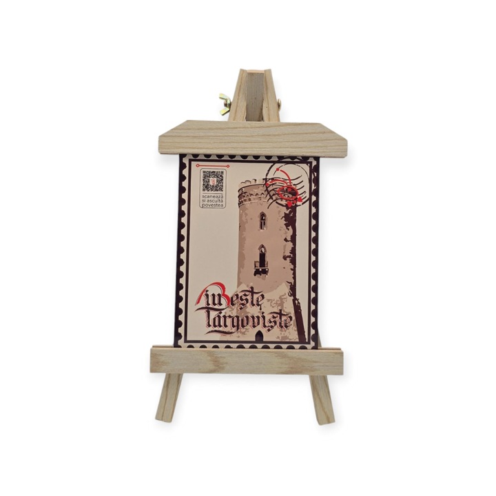 Sevalet cadou suvenir Iubeste Targoviste (model colectia 8), grafica originala, QR cu poveste audio integrat, metal/lemn, 20x30 cm