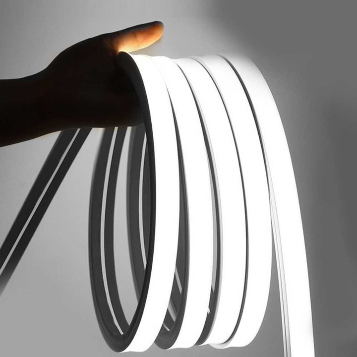 LED Neon Flex csőkészlet 10m, 220V, 10x10mm, 12W/m, IP65, Hideg fehér 6500K, Tápkábel mellékelve