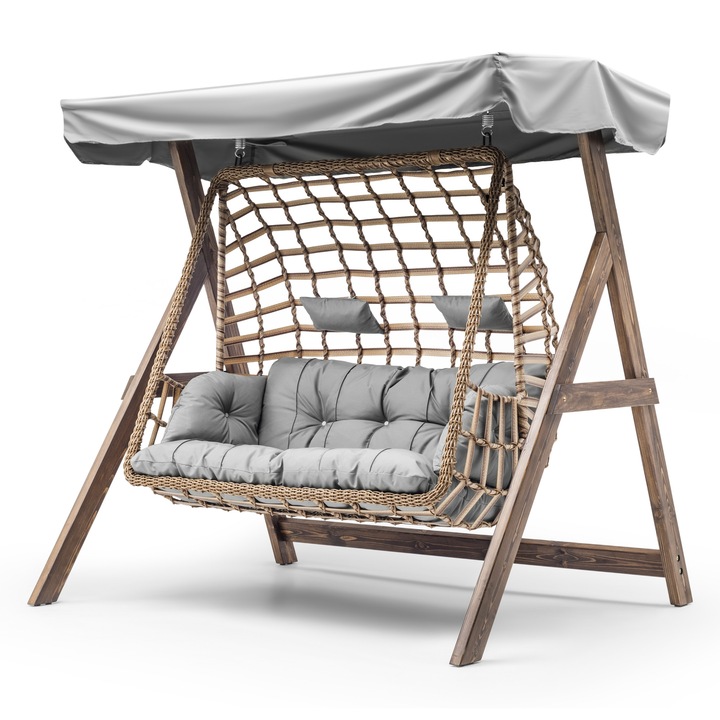 Balansoar gradina Viena, din ratan, cu cadru de lemn, gri, 1900mmx1500x2100mm