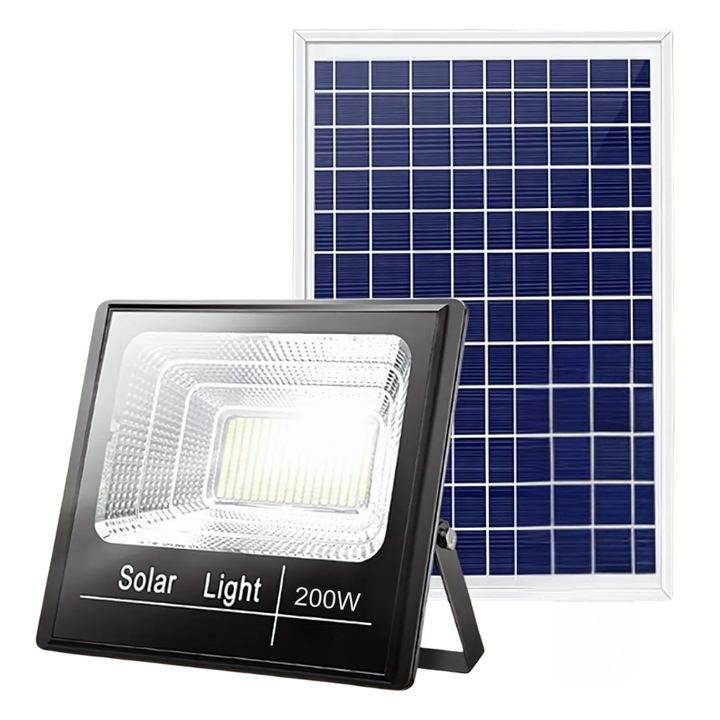 Proiector Stradal Solar AriDam® 200W cu Panou si Telecomanda – Lumina LED Alba, Senzor de Miscare si Lumina, IP65, Autonomie 12h, Rotatie 180°, Ideal pentru Gradina, Terasa sau Exterior