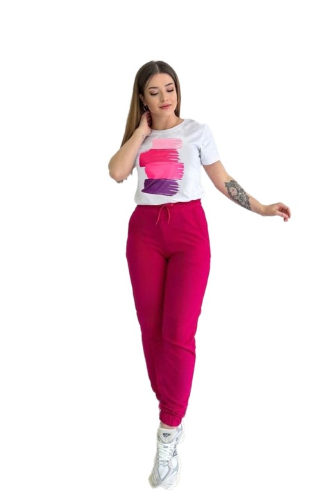 Compleu Fete Adrom, Tricou si Pantaloni PAINT 4052-24, Alb, Fuxia, M
