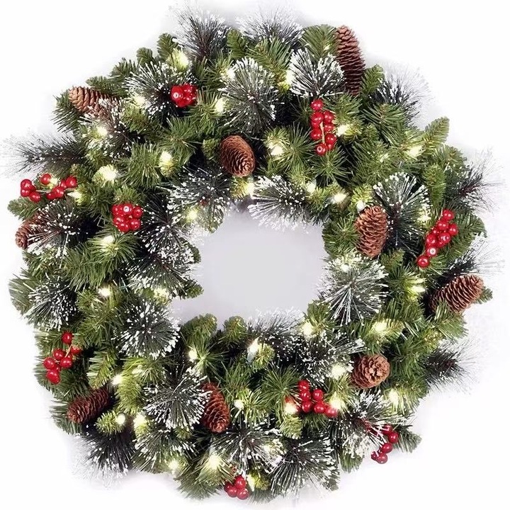 Coronita de Craciun din pomi artificiali si cedru model stralucitor, decorata cu merisoare si conuri, 30 cm, verde molid de zapada
