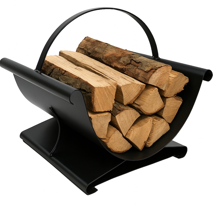 Cos pentru lemne de foc, FRAMADO, Depozitare lemne pentru interior, Metal, Negru, 38x36x42cm, CESTA