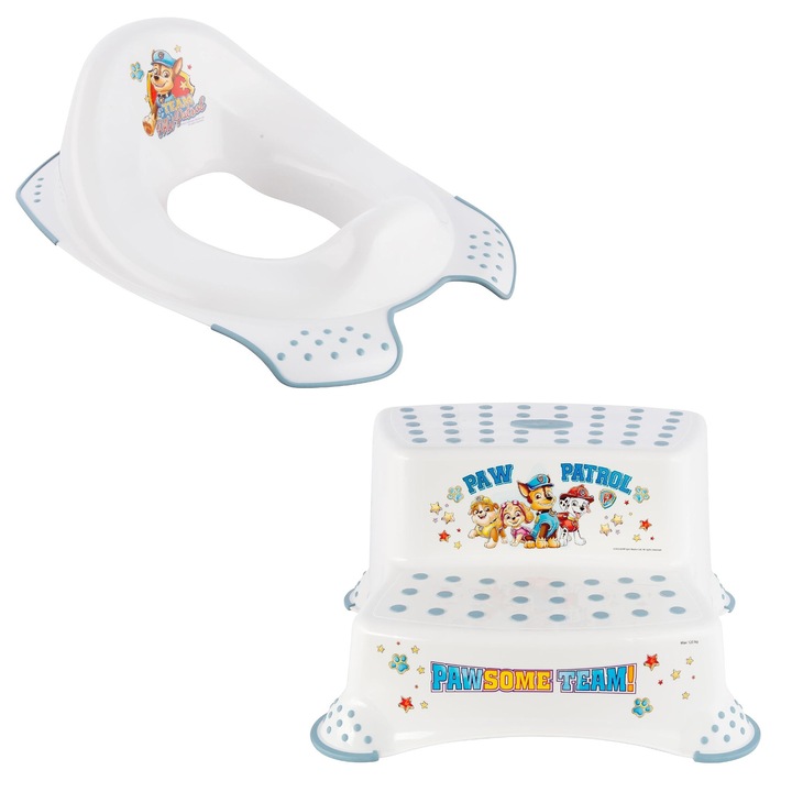 Capac de toaleta + platforma antiderapanta Paw Patrol, Keeeper, alb, 25 kg + 120 kg, 2 piese sigure si usor de curatat pentru copii